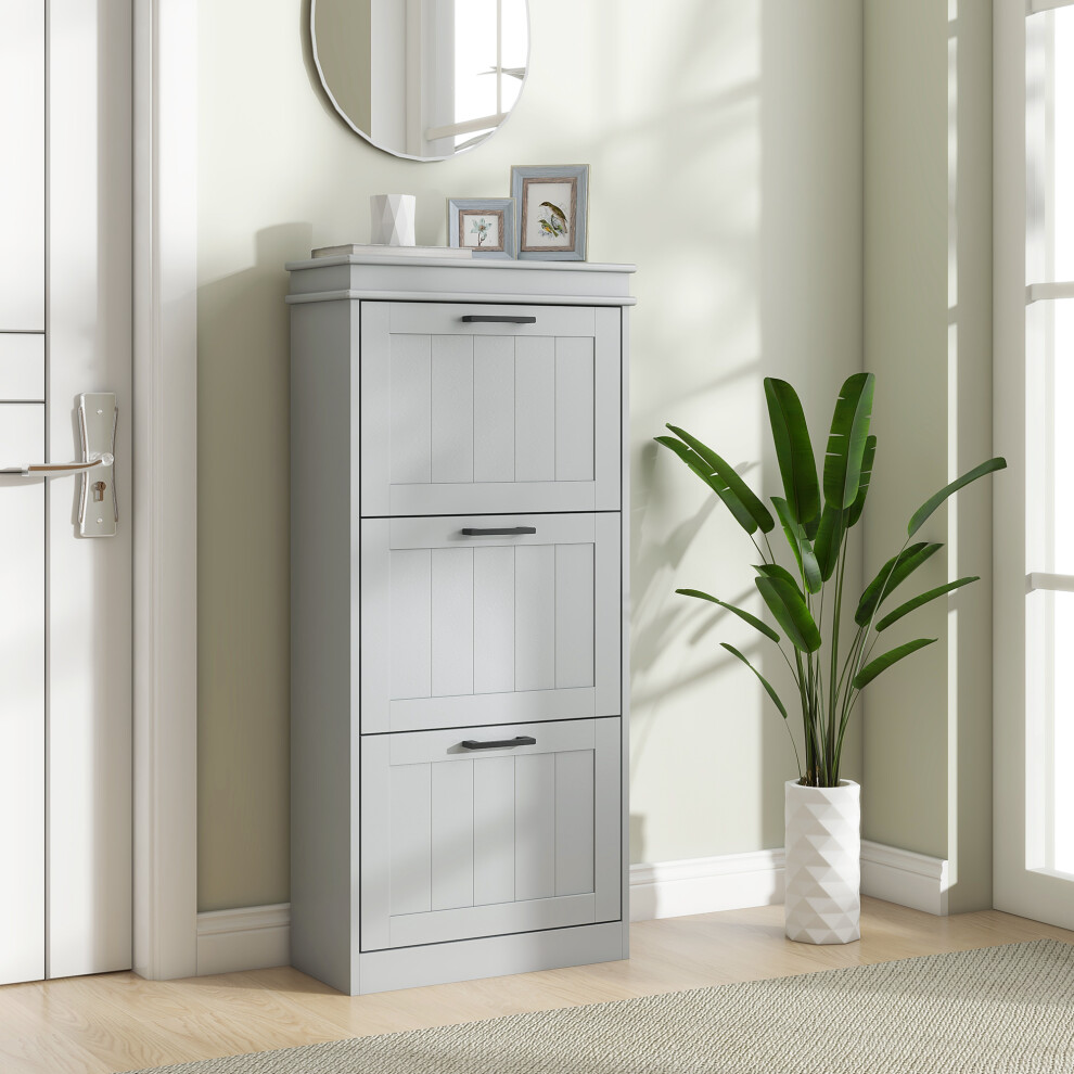 Rackhams Black/Grey Slim Shoe Storage Cabinet With 3 Flip Drawers For Entryway, - Image 3
