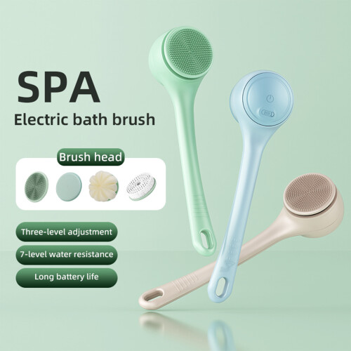 USB Electric Long Handle Bath Brush 4 Interchangeable Head-Blue 1