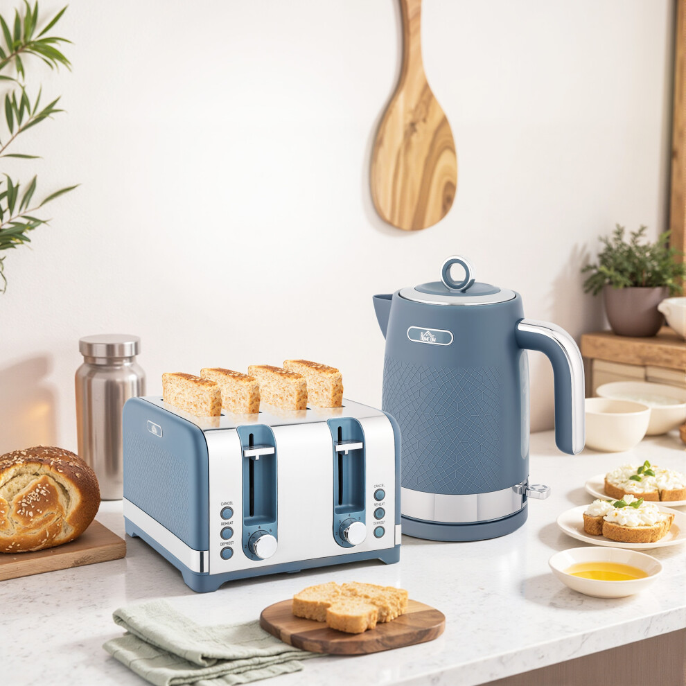 Homcom Kettle And Toaster Set With 3000W Rapid Boil, 4 Slice Toaster, Blue