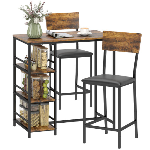 Homcom HOMCOM Industrial Bar Table Set with Storage and Padded Seats, Rustic Brown 1