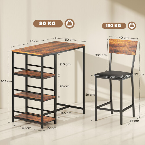 Homcom HOMCOM Industrial Bar Table Set with Storage and Padded Seats, Rustic Brown 2