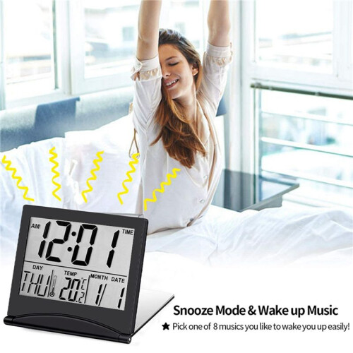2X Electronic Folding LCD Digital Alarm Clock Desktop Temperature Hygrometer Clock Black
