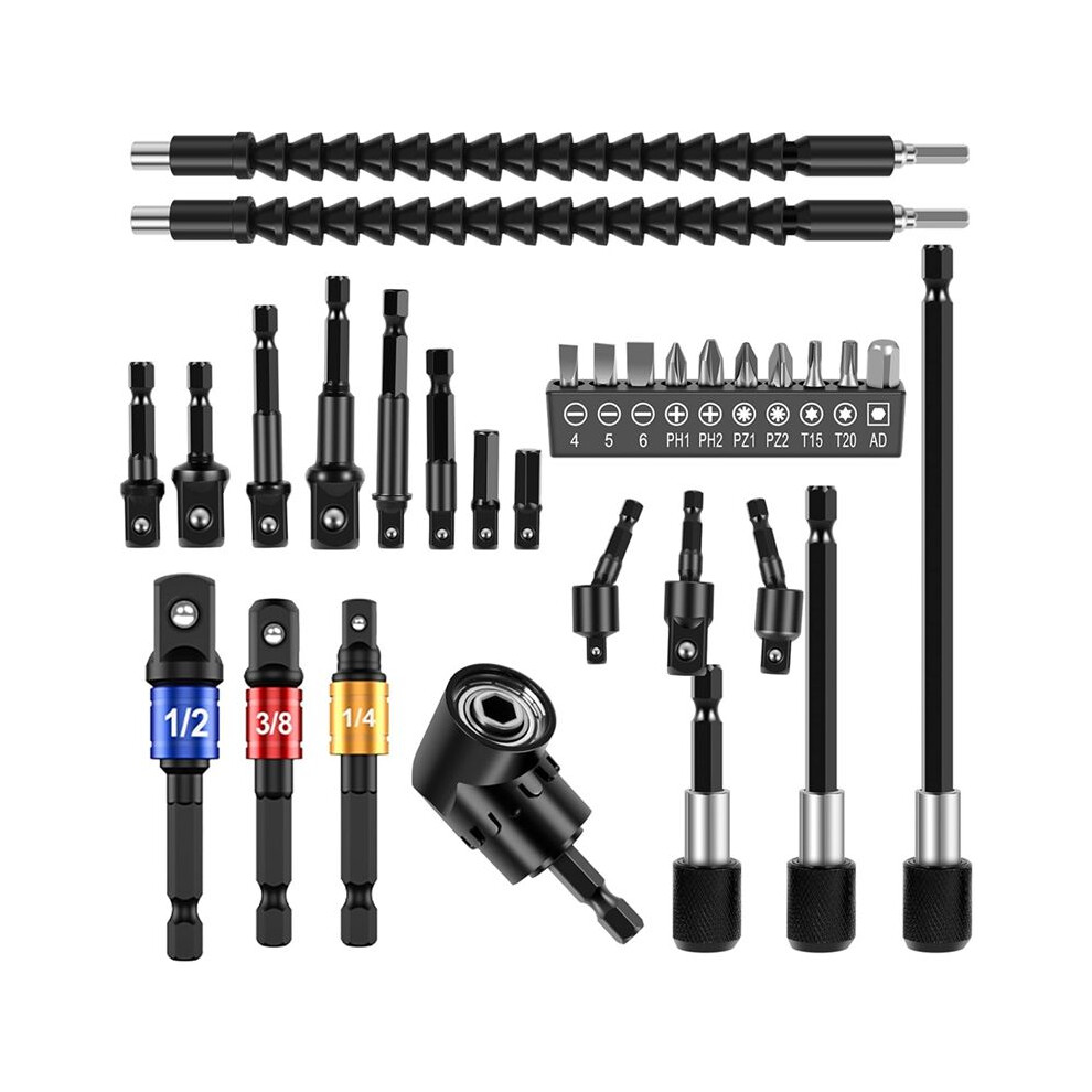 30Pcs Flexible Drill Bit Extension Kit,Right Angle Drill Attachmen,Rotatable Socket Adapter,Bendable Extender Drill Bit 4713045253282