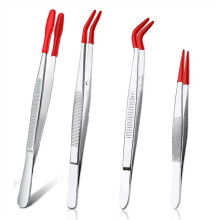 4 Stycken Pincett med Gummispetsar Pincett PVC-Belagd Pincett Set, Gummi Rak/Plat Pincett Böjd Pincett Röd