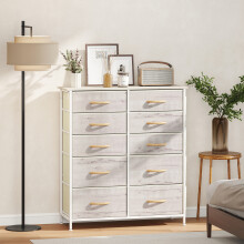 HOMCOM Fabric Chest of Drawers, 10 Drawer Dresser for Bedroom, Natural Wood