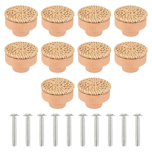 10Pcs Boho Rattan Dresser Knobs, Round Wooden Drawer Knobs Pulls for Boho Furniture Decorative, (10 Knobs and 10 Screws)