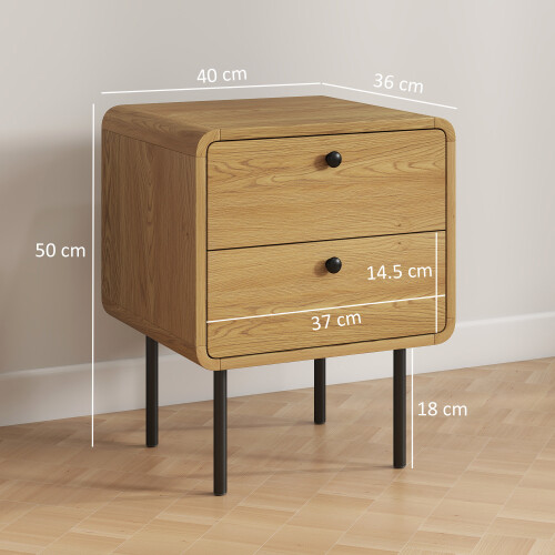 Homcom HOMCOM Bedside Table, Modern Nightstand with 2 Drawers Rounded Edges, Oak 2