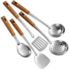 5Pcs Wok Spatulas, Soup Ladles, Colander, Spatulas Wood Handle