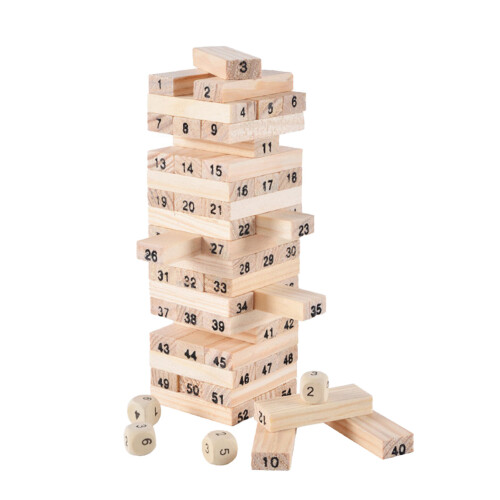 54-Piece Wooden Block Stacking Game with 4 Dice for Logical Thinking 1