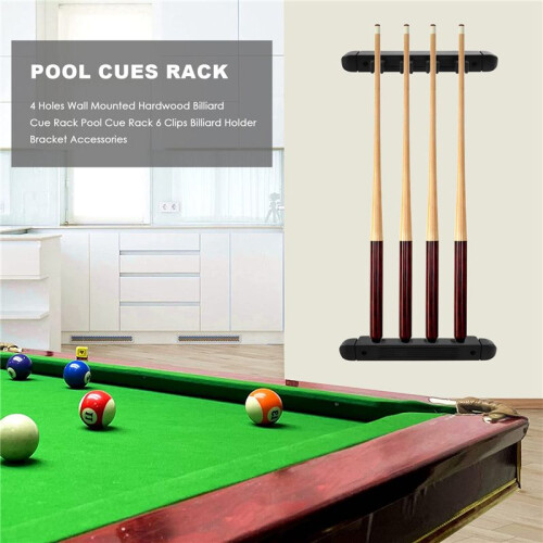 Billard-Queue-Rack Aus Hartholz mit 4 LöChern, ein der Wand Befestigt, Pool-Queue-Rack, 6 Clips, Billardhalter, ZubehöR 1