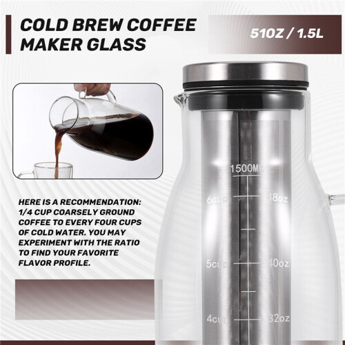 Cold Brew Coffee Maker,Iced Tea Pitcher Infuser with Lid&Scale,Dual Use Filter Coffee Pot ,51Oz/1.5L 2