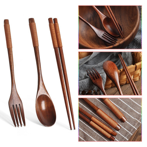 Wooden Flatware Set, Wooden Portable Set Spoon Fork Chopsticks Tableware Dinnerware with Khaki Twining Thread 2