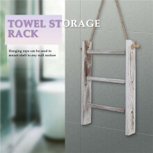 3-Tier Whitewashed Wood Wall-Hanging Hand Towel Storage Ladder with Rope