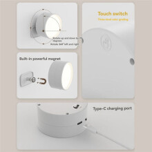 Uppladdningsbar Magnetisk LED-Vägglampa 360 Roterande Touch-Fjärrkontroll Skåpspotlight för Hem och Kontor Vit