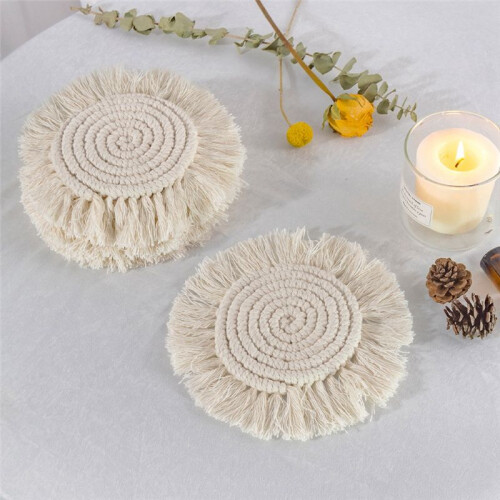 Coasters for Drinks Absorbent, Macrame Handmade Cotton Coasters for Coffee Table, Boho Coaster Set with Tassels Heat 2