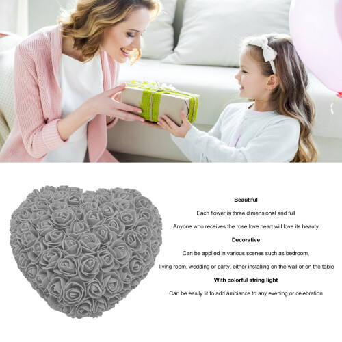 Cuore di rose in schiuma grigia con luci a stringa, 110 mAh 2