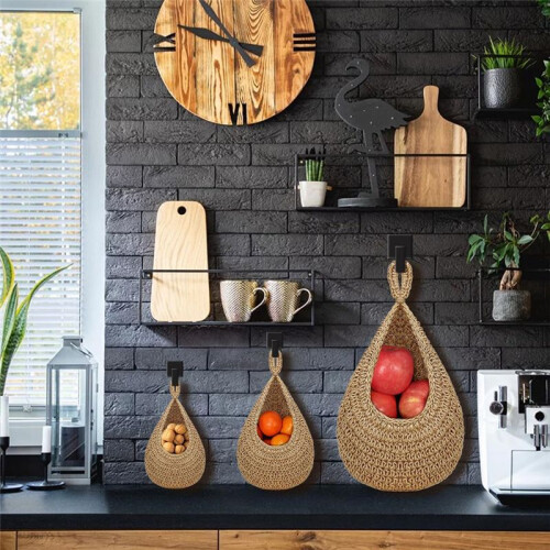 Hanging Fruit Basket for Kitchen, Boho Hanging Baskets for Organizing, Hanging Wall Fruit Vegetable Baskets, Handwoven 1