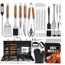 (wood grain color) Stainless Steel BBQ Tool Set with Aluminum Case Outdoor Camping Grill Accessories Kit