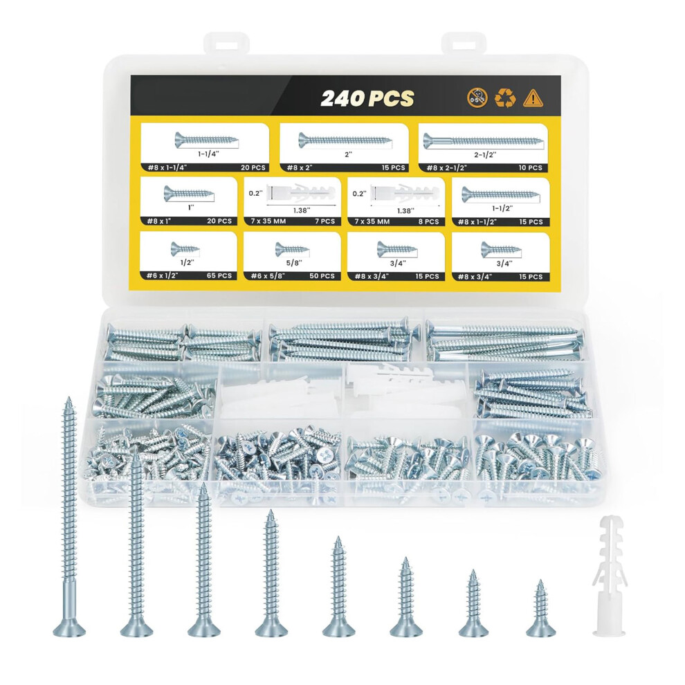 240Pcs Various Size Countersunk Screws-Blue And White Zinc 7754004296527