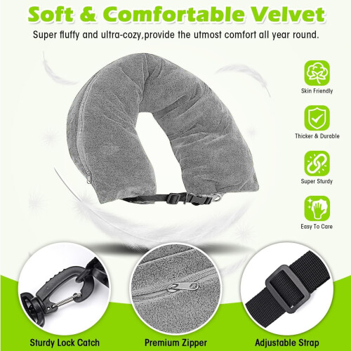 Grey Stuffable Travel Neck Pillow with Adjustable Strap, Soft & Packable 2