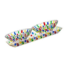 Artistic Colorful Glass Fruit Serving Bowl with Tray Woven