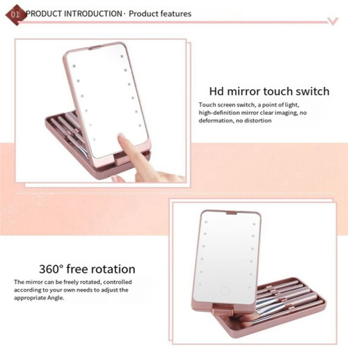 Mirror Portable Makeup Mirror with 5 Brushes Storage Box LED Touch Portable One-Face Storage Box Makeup Mirror White 1