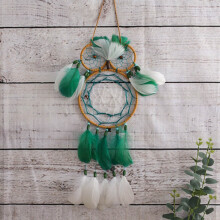 Boho Owl Dream Catcher Handmade Traditional Feather Dreamcatcher Hanging Wall Decorations for Home Bedroom Dark Green