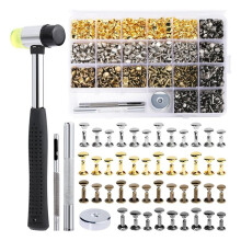 Rebites de Couro, 600 Pecas Rebites Multicoloridos de Tampa Dupla, Kit de Rebites de Couro com Perfurador Oco, Ferramenta de Perfuração e Martelo de