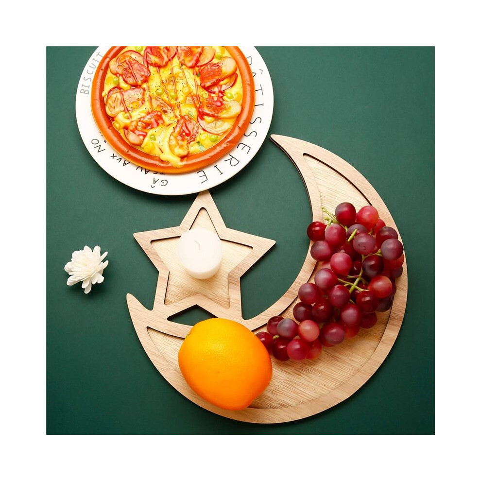 2 Sets Ramadan Wood Tray Moon Wooden Star Tableware Eid Mubarak Party Serving Tableware for Breakfast,A