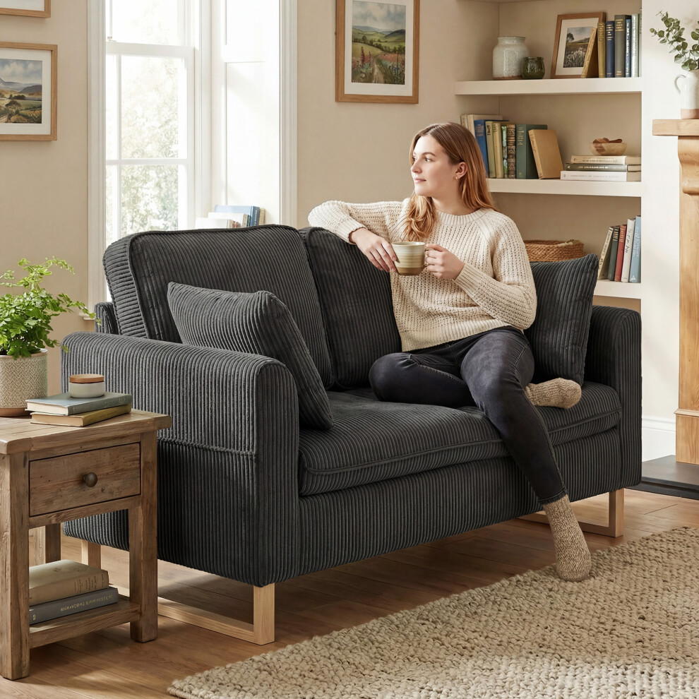 Homcom 2 Seater Sofa, Corduroy Sofa W/ Spring Cushions 2 Pillows, Dark Grey