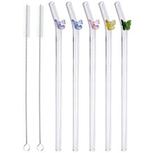 5 Pcs Reusable Glass Straws,Colorful Butterfly Clear Straws with Design Shatter Resistant Bent Drinking Straws