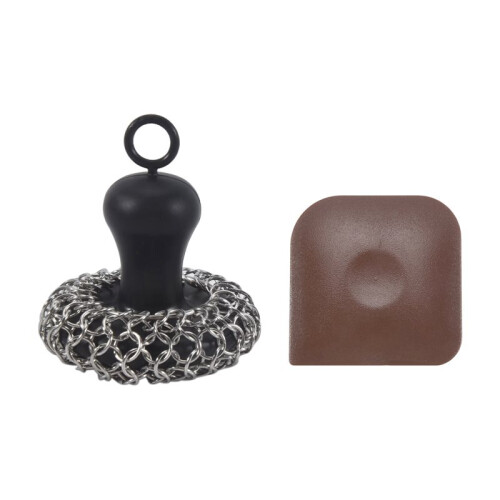 Cast Iron Cleaner Chainmail Scrubber, Upgraded Handle Cast Iron Scrubber Brush 316 Chain Mail Scrubber