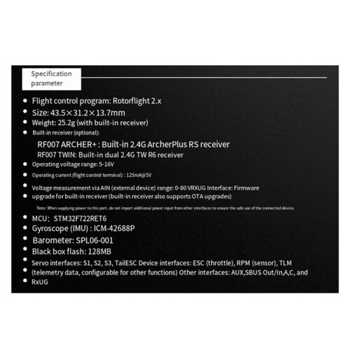 FRSKY VANTAC RF007 FBL Helicopter Flight Control Module Stabilization System for Enhanced Flight Dynamics RF007 Archer+ 2