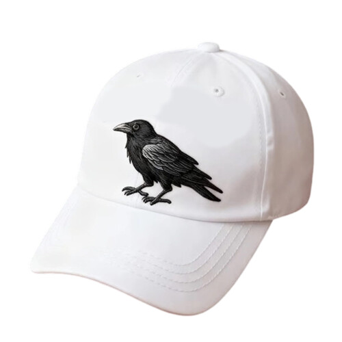 Gothic Embroidery Crow Baseball Cap Adjustable Dad Hat-White
