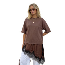 (M, Coffee) Womens Summer T Shirt 3/4 Length Sleeve Crew Neck Lace Patchwork Hem Casual Loose Fit Tops