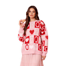 (M, Pink) Women's Heart Pullover Sweater Fashionable Valentines Crew Neck Loose Fit Long Sleeve Knit Tops
