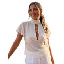 (M, White) Women Summer T-Shirt Casual Sheer V-Neck Flutter Sleeves Tops with Scarf for Streetwear Aesthetic Grunge Clothes