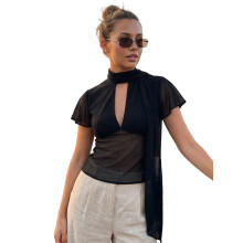 (S, Black) Women Summer T-Shirt Casual Sheer V-Neck Flutter Sleeves Tops with Scarf for Streetwear Aesthetic Grunge Clothes