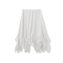 (S, White) Women's Summer Midi Skirts White Irregular Lace Hem Skirt for Daily, Travel, Parties