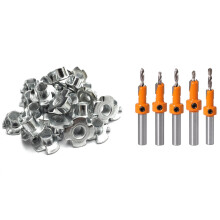 50Pcs M8 Metal Captive T Nuts Pronged Tee Blind Nuts Metric & 5Pcs Wood Hole Drill Bit,8mm Shank Countersink Drill Bit