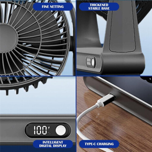 Desktop USB Kleine Ventilator, Kantoorventilator,  Draagbare Oplaadbare Digitale Displayventilator, Zwart 2