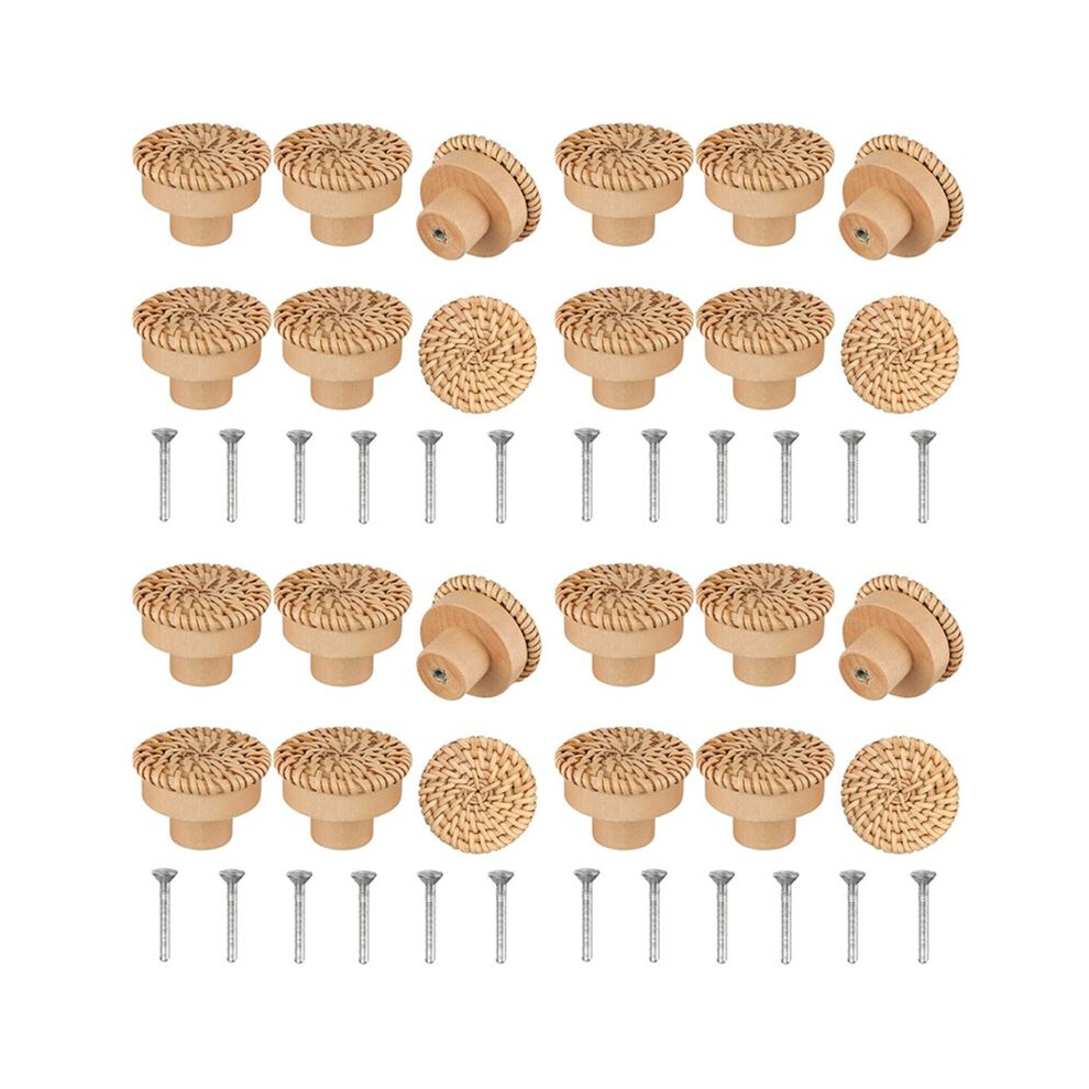 Typecat Boho Rattan Dresser Knobs Round Wooden Drawer Knobs Handmade Wicker Woven And Screws For Boho Furniture Knobs 24Pcs