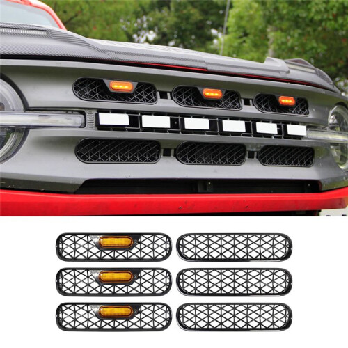 Front Grill Inserts with Amber Light for  Bronco 2021-2024 2/4 Door Front Mesh Grille Inserts Grills Frame Trim 1