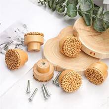 12 Pieces 35mm Boho Dresser Knobs Rattan Knobs Wood Drawer Knobs Round Wooden Dresser Handles with Screws,Nature