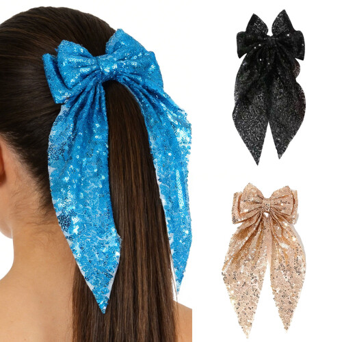 Sparkling Sequined Bowknot Hair Clip Oversized Glitters-Blue S1 2