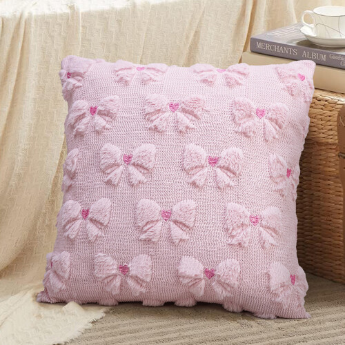 Valentines Heart Bows Plush Jacquard Pillow Cover Romantics 1