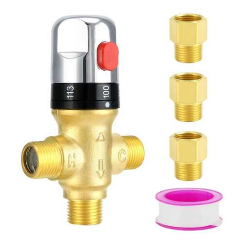 Thermostatic Mixing Valve, Solid Brass Pipe Water Valve with Temperature Control - 1/2 NPT - Includes 3 Adapters, 1