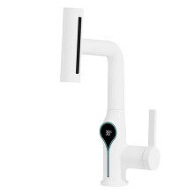 Waterfall Temperature Digital Display Basin Faucet Lift Down Stream Hot Cold Water Sink Mixer Tap for Bathroom White