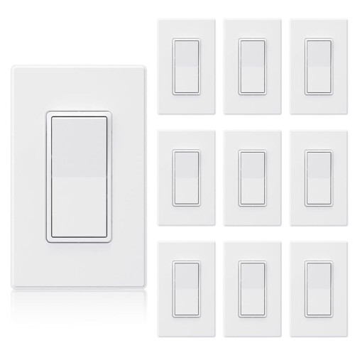 Matte White Single Pole Decorator Light  15Amp, 120-277V, Paddle Rocker Replacement, /Off Wall ,10 Pack
