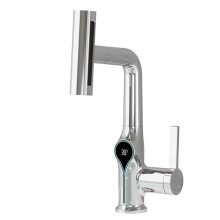 Waterfall Temperature Digital Display Basin Faucet Lift Down Stream Hot Cold Water Sink Mixer Tap for Bathroom Silver